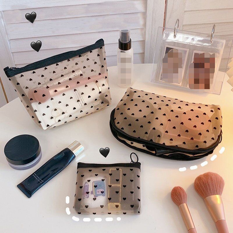 1PC Zipper Make Up Bag Black Dot Transparent Mesh Cosmetic Travel Storage Case