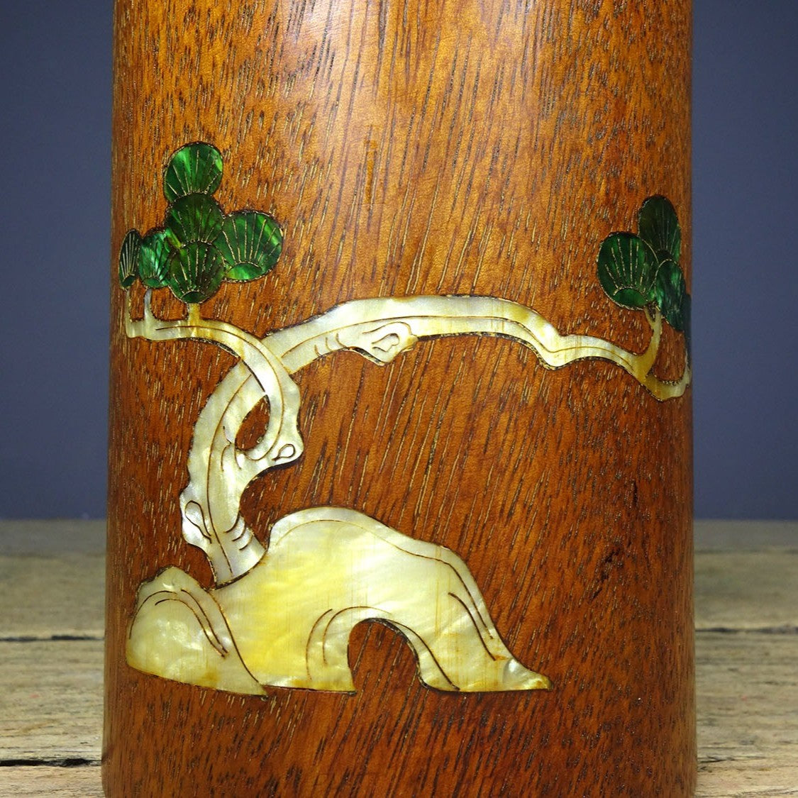 Vintage Rosewood Brush Pot, Inlaid Abalone Pine Crane, 15cm