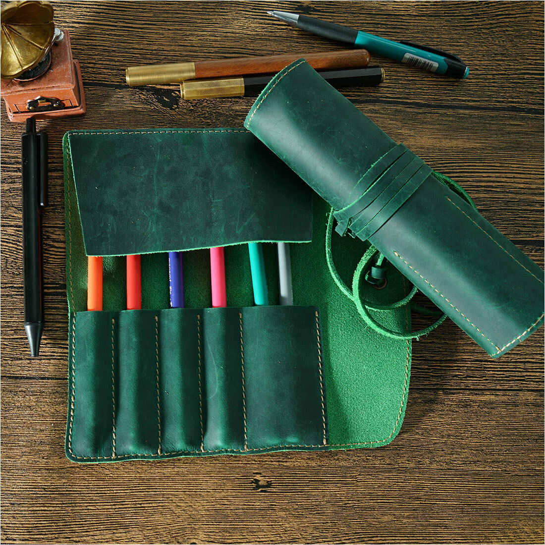 Handmade Cowhide Leather Pen Pouch Vintage Roll-up Pencil Case Bag Pen Curtain
