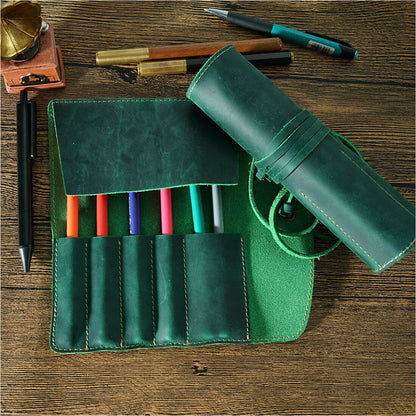 Handmade Cowhide Leather Pen Pouch Vintage Roll-up Pencil Case Bag Pen Curtain