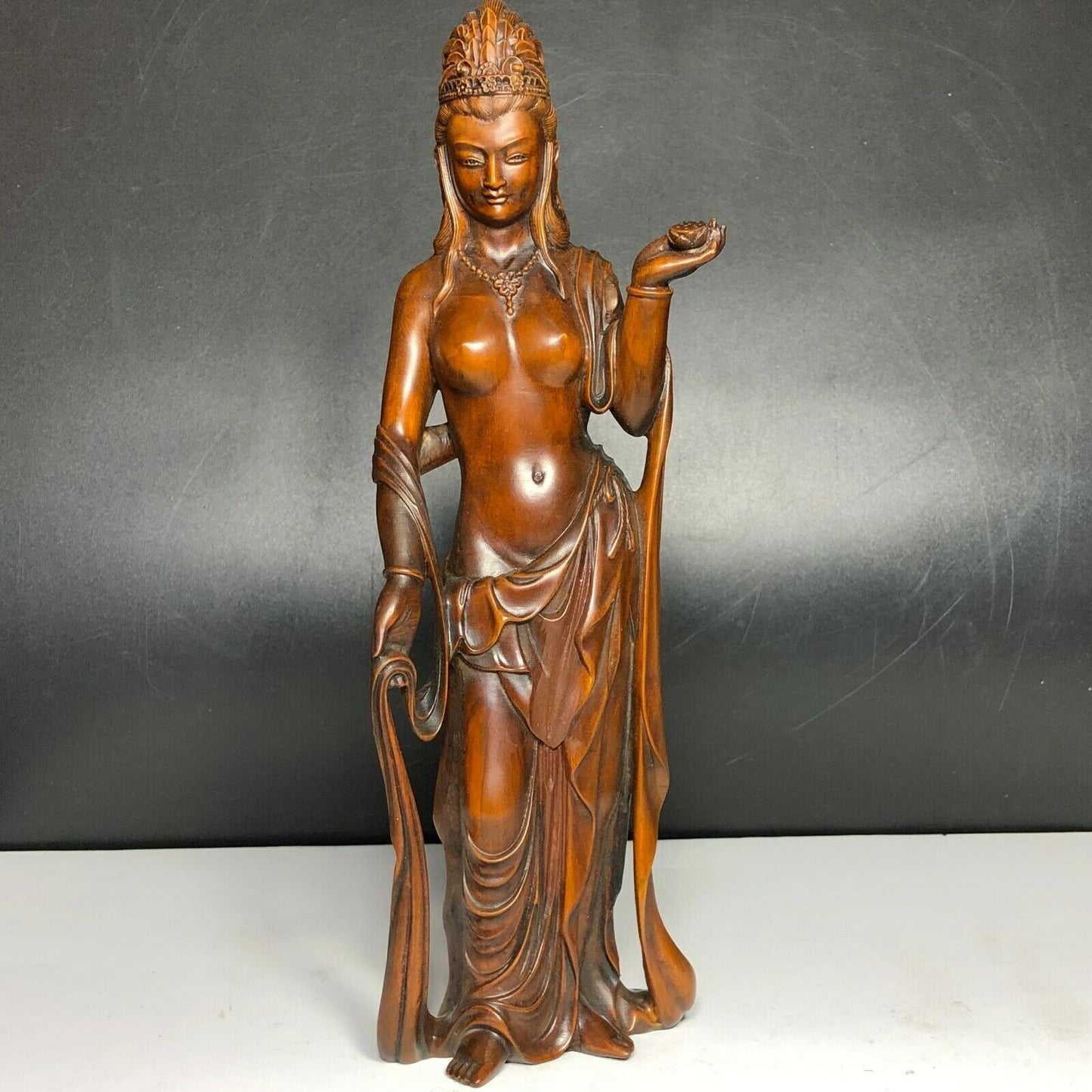 Chinese Boxwood Wood Hand Carved Buddhism Guanyin Kwan-yin Goddess Statue