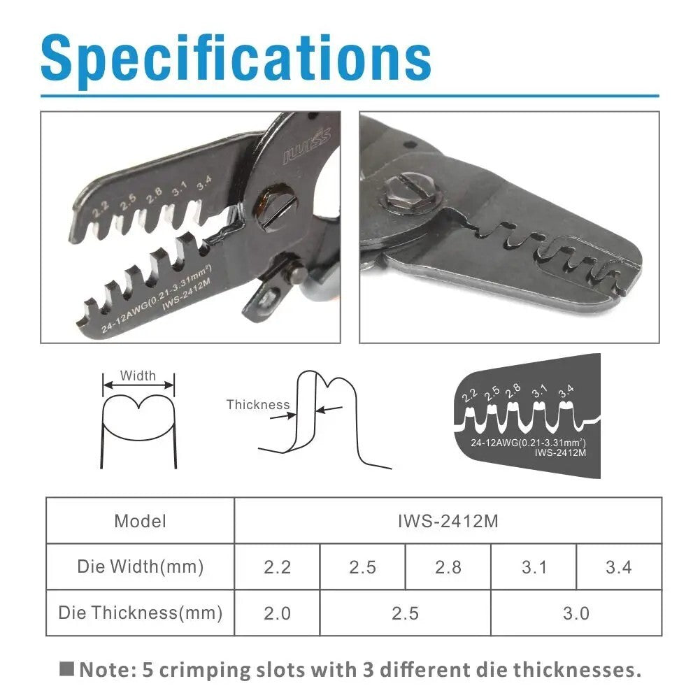 Mini Open Barrel Crimping Tools Crimper Terminal Plier IWS-2412M for 24-12AWG