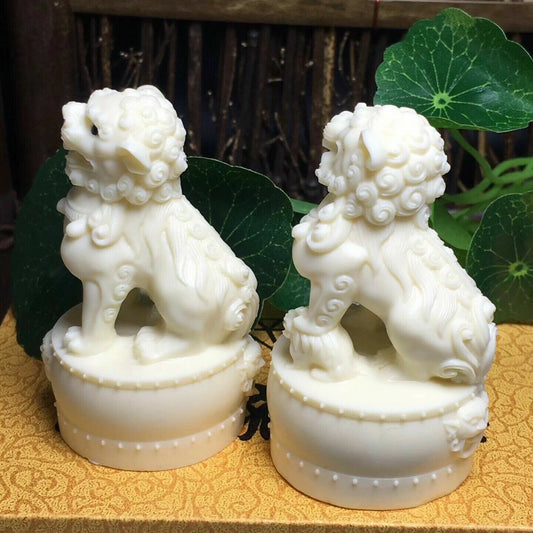 Pair Tagua Nut Chinese Guardian Lions Statue Evil Guard Door Fu Foo Dog Collect