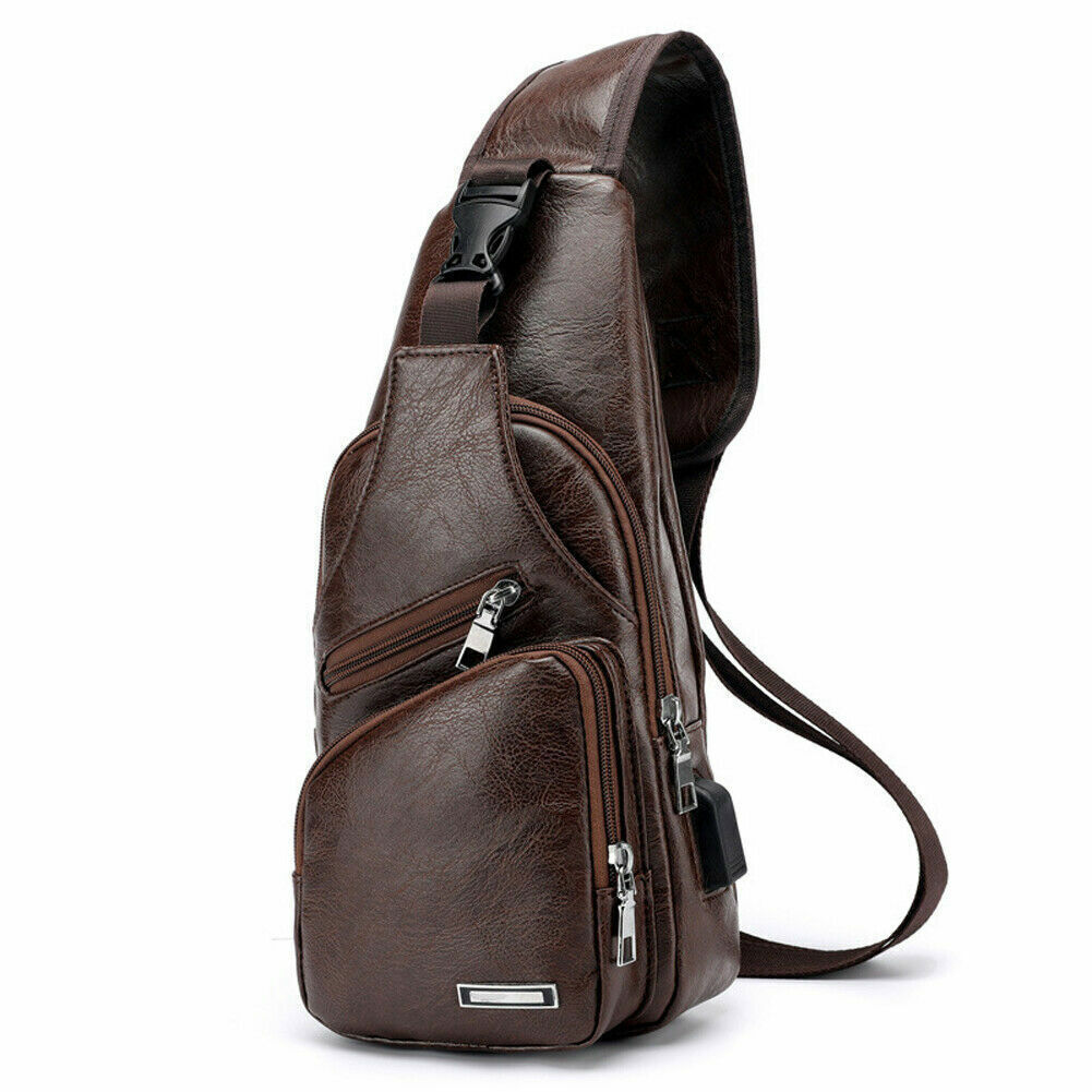 Men's Leather Chest Bag Shoulder Pack USB Charging Port Crossbody Handbag