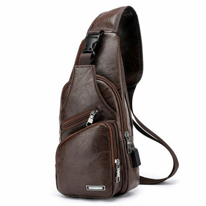 Men's Leather Chest Bag Shoulder Pack USB Charging Port Crossbody Handbag