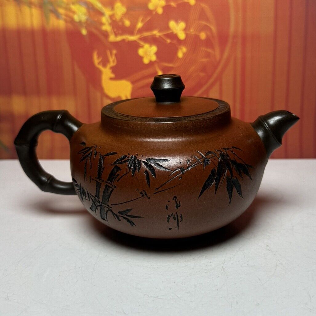 Vintage Chinese Yixing Purple Clay Teapot Zisha Ceremony Carving Bamboo Teaware