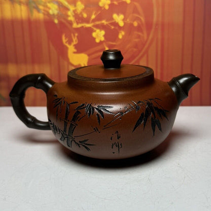 Vintage Chinese Yixing Purple Clay Teapot Zisha Ceremony Carving Bamboo Teaware