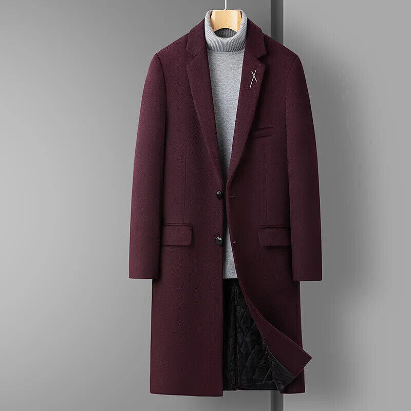 Men's Handsome Wool Coat Coat Long Coat Men （Winter) Polyester