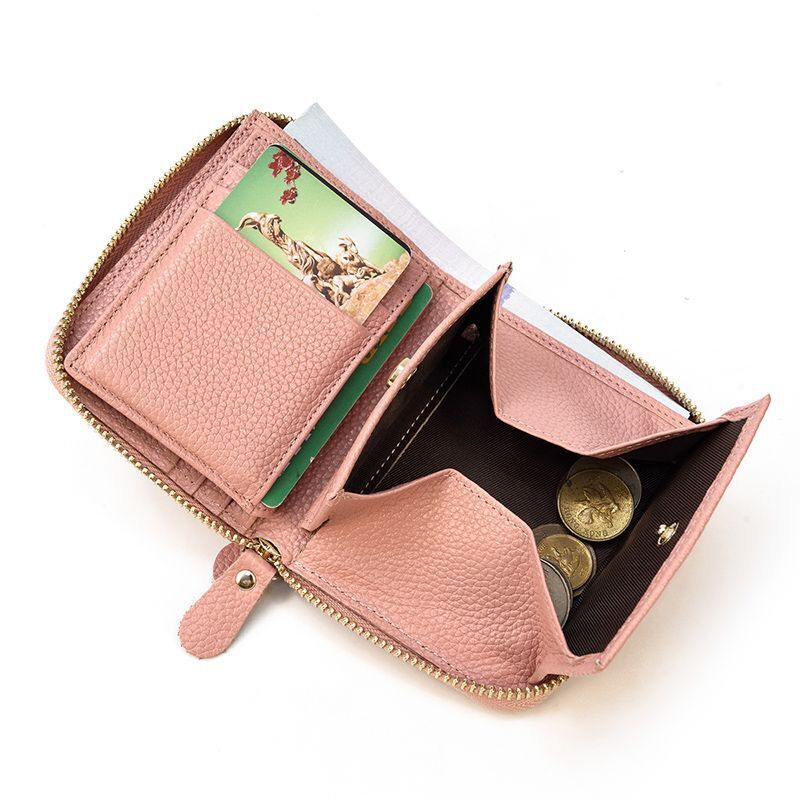 Genuine Leather Zipper Wallet Cowskin Short Purse Coin Pocket Zip Card Bag Small
