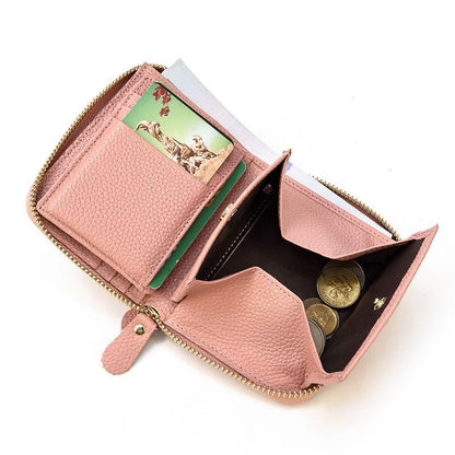 Genuine Leather Zipper Wallet Cowskin Short Purse Coin Pocket Zip Card Bag Small