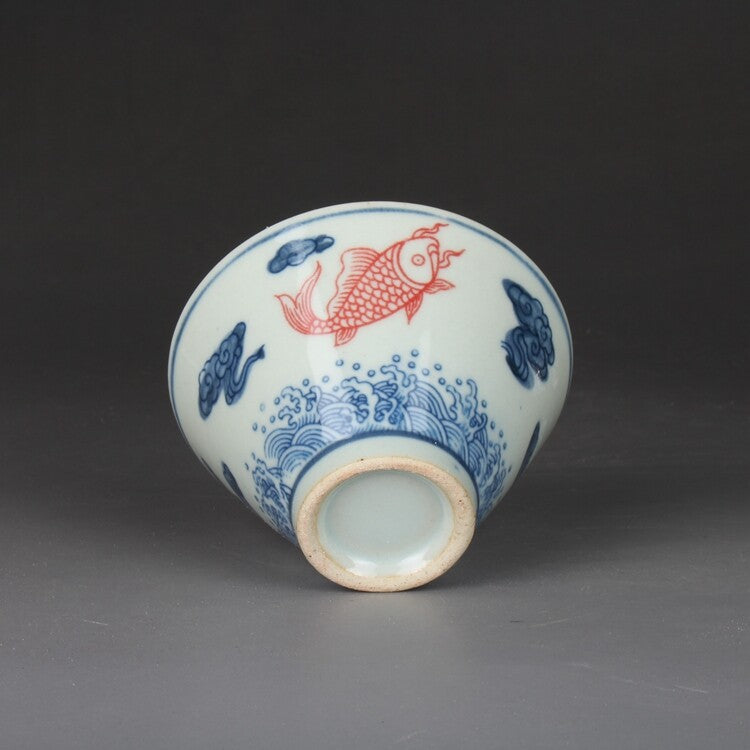 3.1" Chinese Qing Blue White Porcelain Folk Kiln Red Glaze Fish Douli Cup Decor