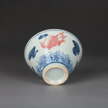 3.1" Chinese Qing Blue White Porcelain Folk Kiln Red Glaze Fish Douli Cup Decor