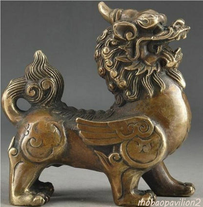 Chinese Handcarved Brass Exorcism Kirin Gather Wealth Brave Troops Pixiu Statue