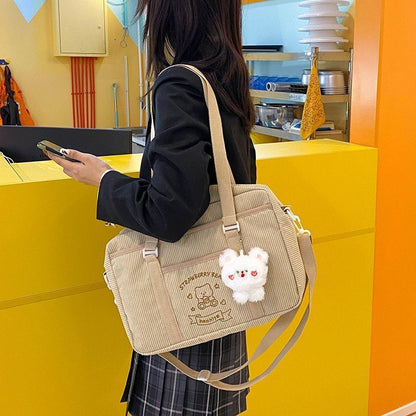 Shoulder Bag Corduroy Shopper Cartoon Embroidered Bear Letter Handbag 35*10*25CM