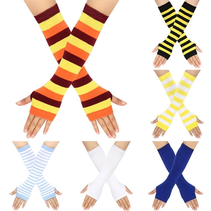Women Striped Arm Sleeve Mittens Arm Hand Warmer Knitted Long Fingerless Gloves