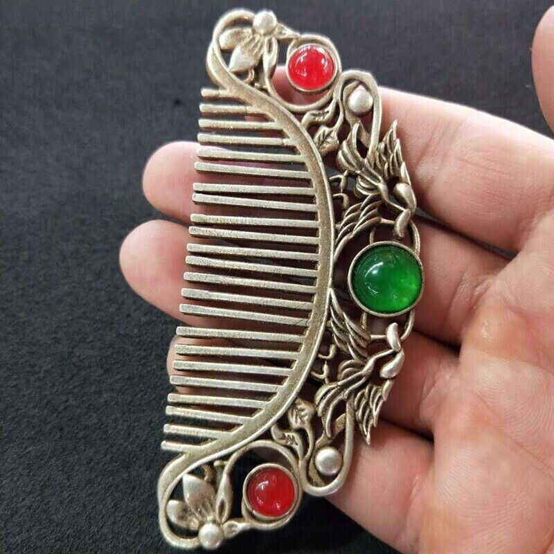 Chinese old Tibet Silver carving Flowers green jade comb