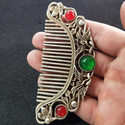 Chinese old Tibet Silver carving Flowers green jade comb