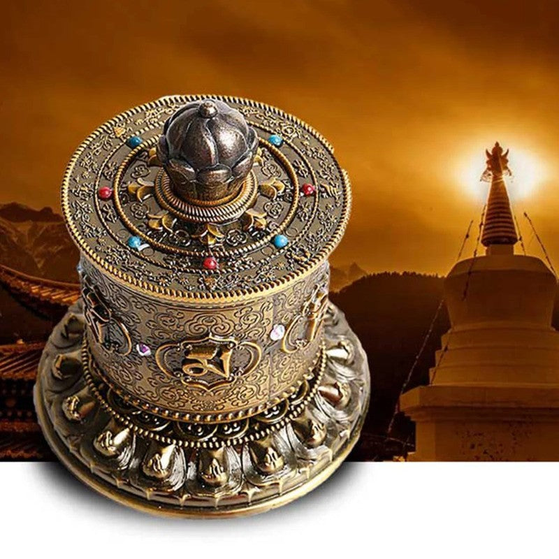 10cm Alloy Handcarved Prayer Wheel Rotating Scripture Tube Ornament Collectible