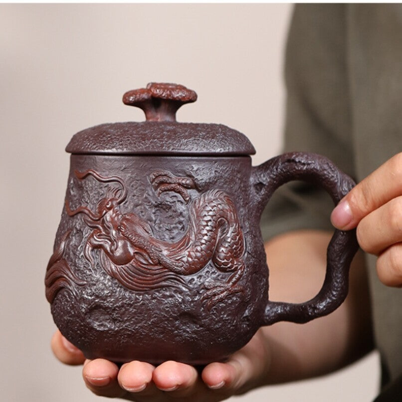 Full Handmade Tea Cup With Handle Lid Dragon Carved Office Cup True Yixing Zisha