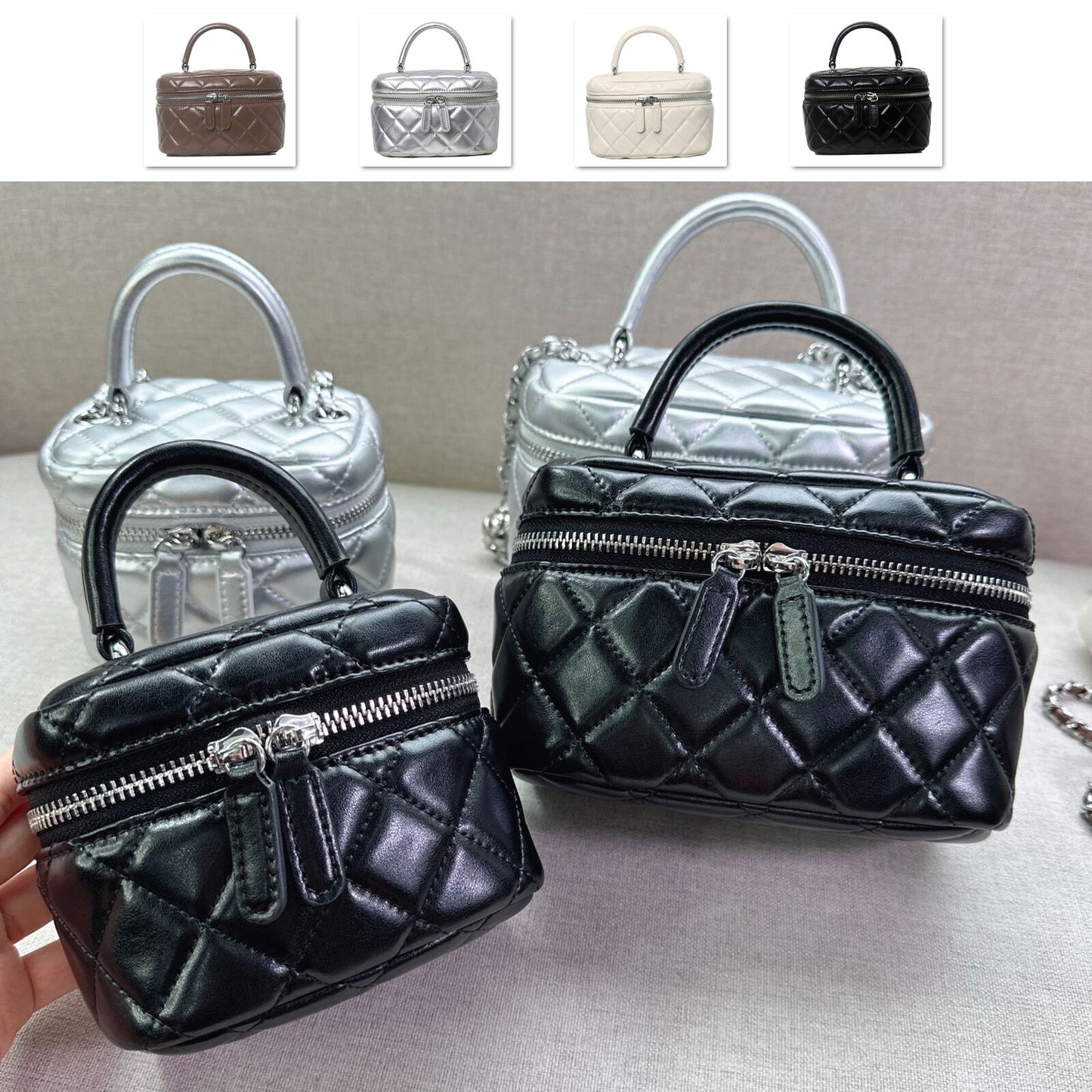 Mini Quilted Real Leather Vanity Case Box Purse Clutch Tote Shoulder Bag Chains