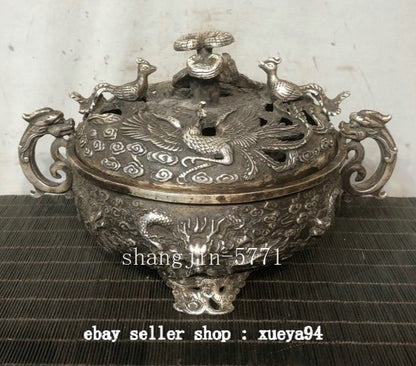 9" Old Chinese Dynasty Bronze Silver Dragon Phoenix Beast Incense Burner Censer