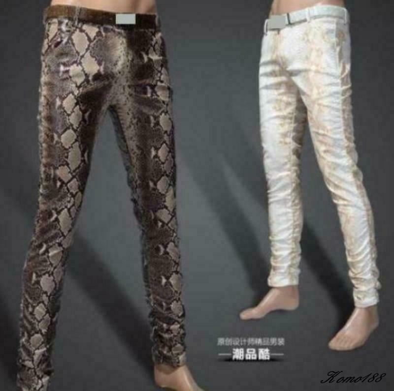 New mens slim fit pencial faux leather snakeskin Pattern prints pants trousers @