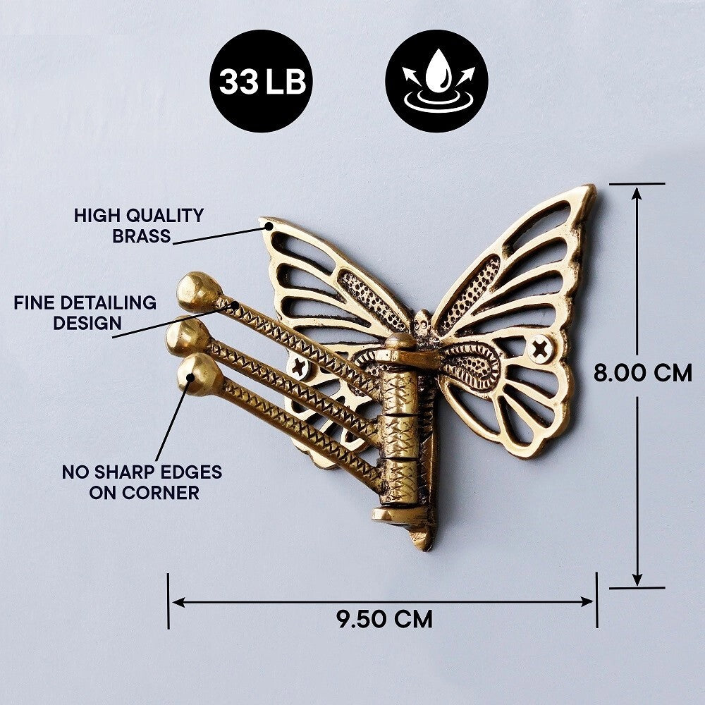 Antique Brass Butterfly Swivel Tri Arm Wall Hook Coat Key Clothes Hat Hanger