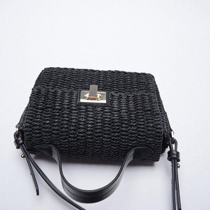 Handmade Shoulder Bag Summer Straw Beach Purse Bohemian Fashion Square Flap Lock