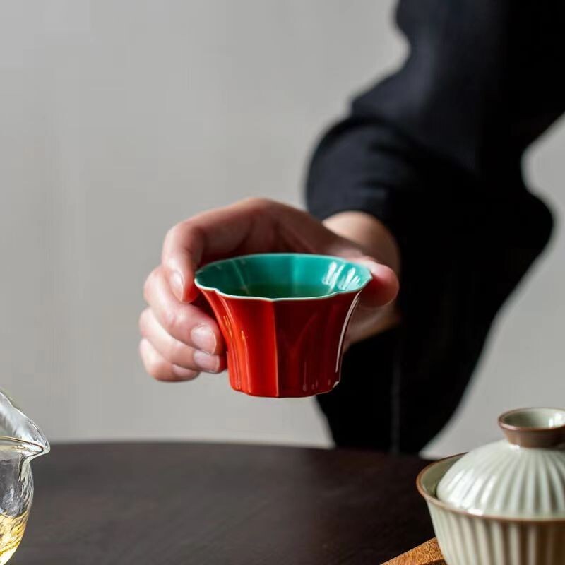 Chinese Jingdezhen Porcelain Tea Cup red Petal