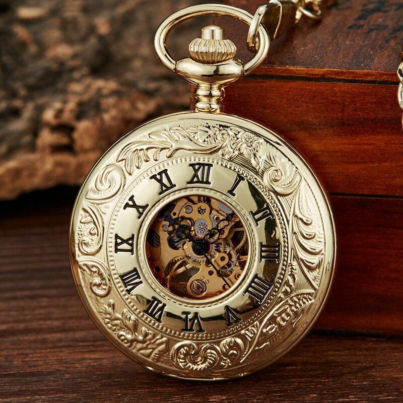 Retro Hand Wind Mechanical Pocket Watch With Fob Chains Men Hollow Skeleton Dial