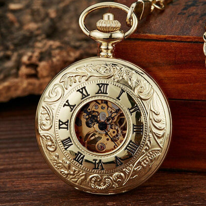 Retro Hand Wind Mechanical Pocket Watch With Fob Chains Men Hollow Skeleton Dial
