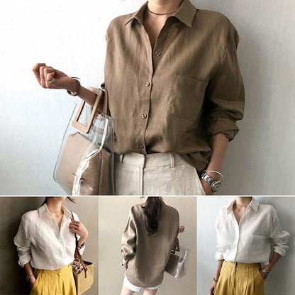 Womens V Neck Solid Linen Shirt Blouse Ladies Long Sleeve Casual Baggy Tops Tee