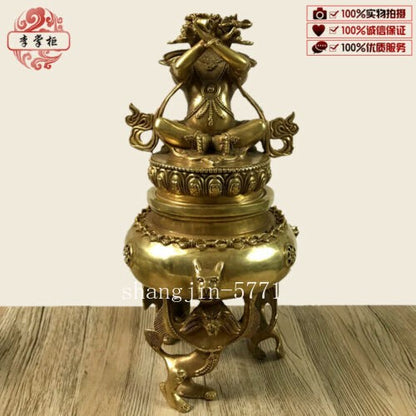 8.6" Tibet Buddhism Bronze Temple Mahakala Wrathful Deity Incense Burner Censer