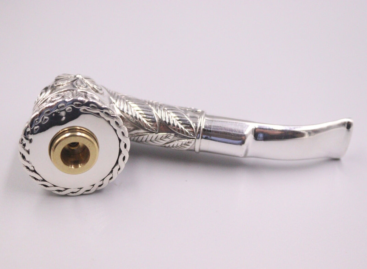 Silver Tobacco Pipe Men Carved Flower Leaf Pattern Pipe 88g