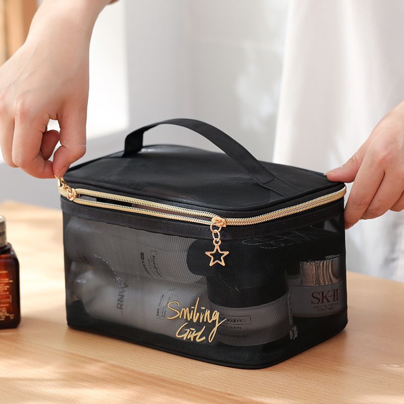 Black Mesh Cosmetic Bag Toiletry Makeup Transparent Traveling Brushes Organizer