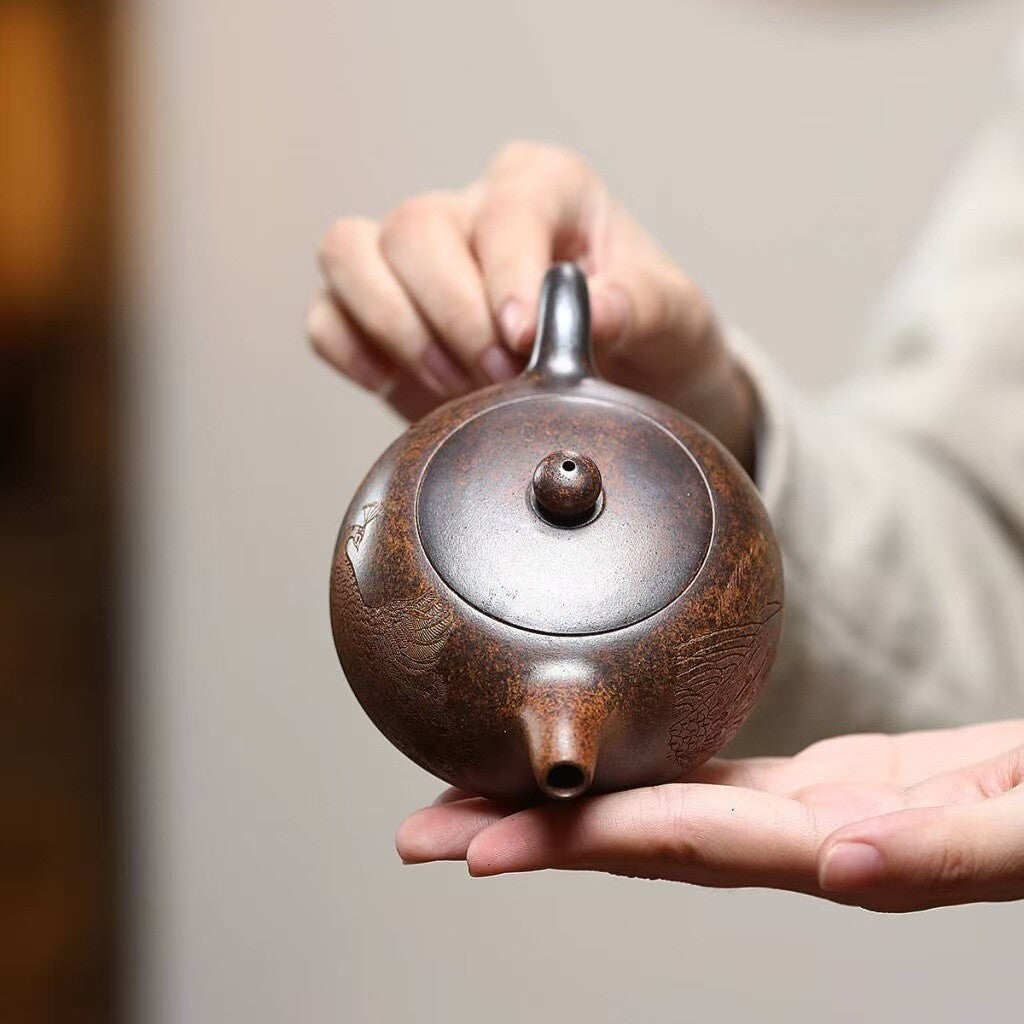 Half Moon Shape Tea Pot Hand Carved Chinese Real Yixing Zisha Clay Master Pot