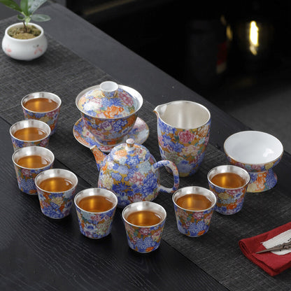 Enamel Craft Complete Tea Set Pure Silver Porcelain Gaiwan Tea Pot Cup Pitcher