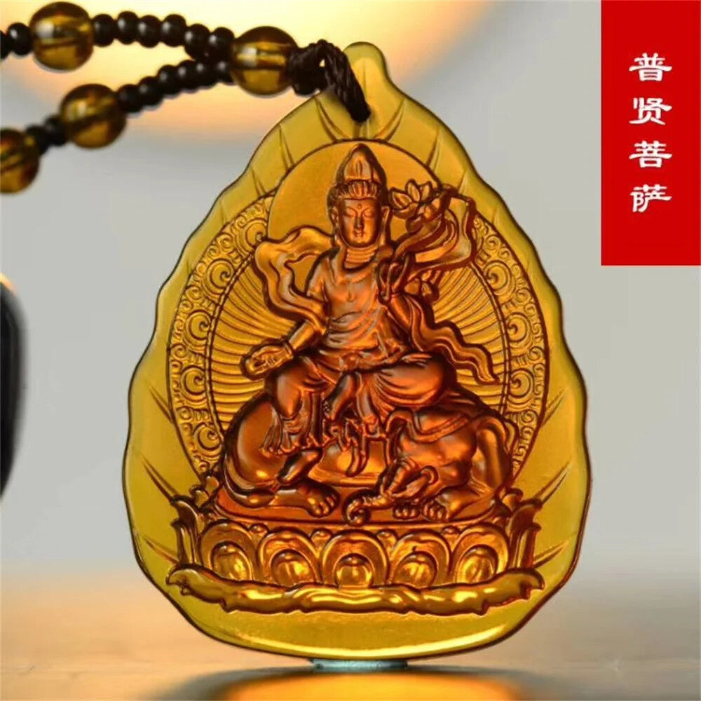 Glamour Ice Yellow Crystal Carved Talisman Buddha Buddhist Pendant Religious Necklace -
