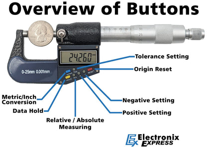 0-25mm (0-1") Digital Micrometer with 6 Digit LCD Display, 0.001mm Resolution