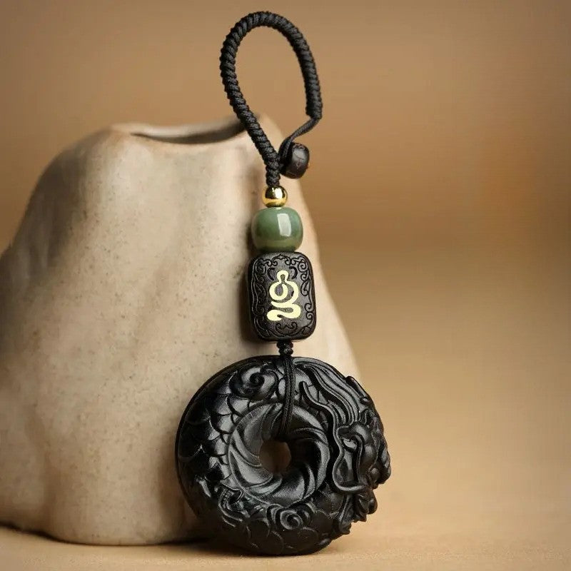 1Pc Natural Ebony Keychain Pendant Xiang Long Ping An Buckle Jewelry Hanging