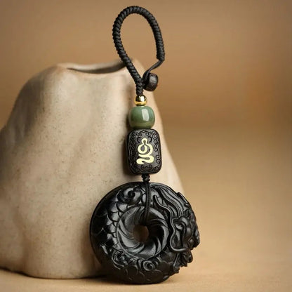 1Pc Natural Ebony Keychain Pendant Xiang Long Ping An Buckle Jewelry Hanging