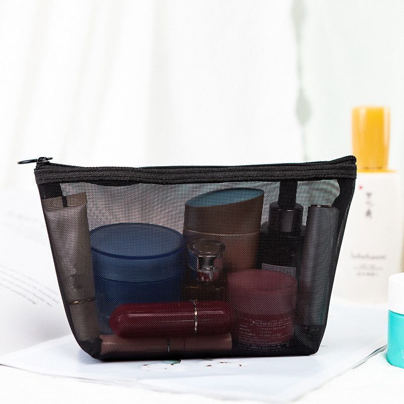 Transparent Black Mesh Cosmetic Bag Travel Makeup Pouch Zipper Toiletry Storage