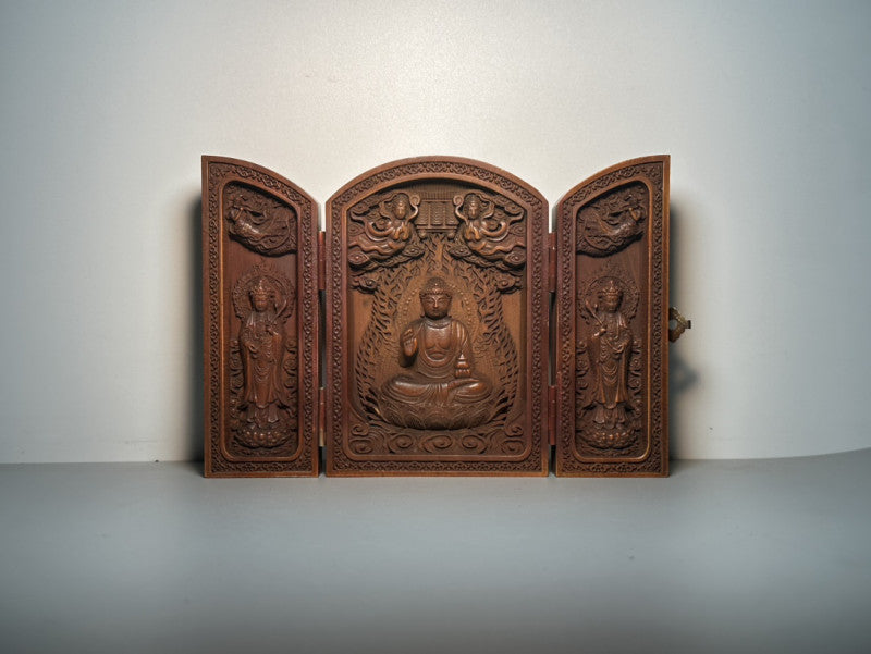Chinese Medicine Buddha Three Open Box wood Carving Decoration