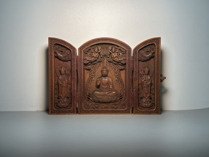 Chinese Medicine Buddha Three Open Box wood Carving Decoration