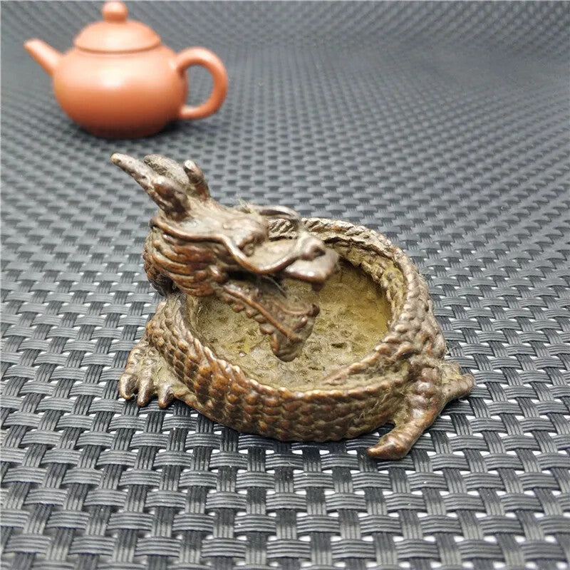 Chinese Bronze Sculpture Pure Brass Carving Dragon Statue Ashtray Zodiac Animal