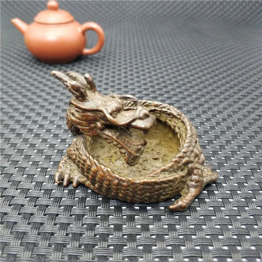 Chinese Bronze Sculpture Pure Brass Carving Dragon Statue Ashtray Zodiac Animal