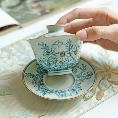 Chinese Hand-painted Flowers Ceramic Gaiwan Handmade Teacup Household Tea Bowl