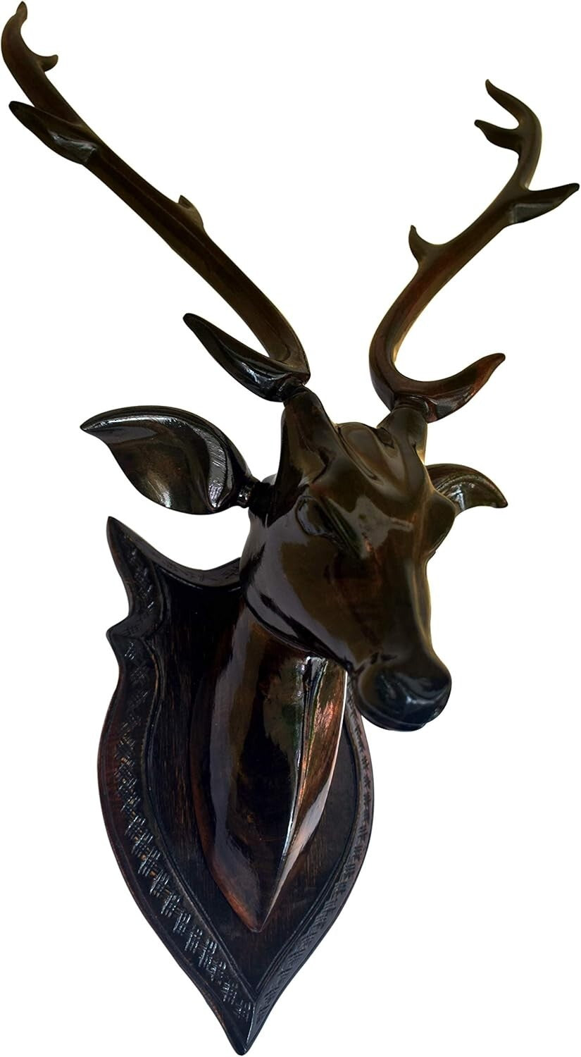 Handcrafted Wood Deer Head with Horn Sculpture Figurine Showpiece Wall Decor