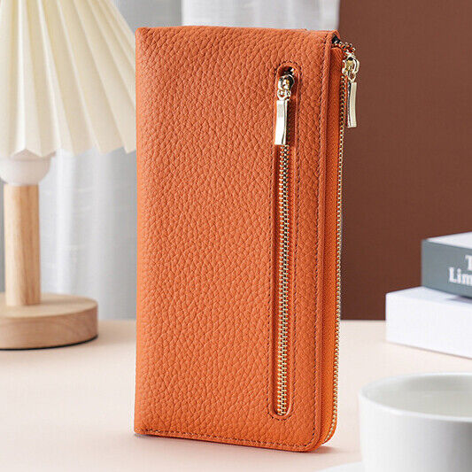 Togo Leather Women's Long Wallet, RFID Blocking Card Holder Zipper Clurch bag