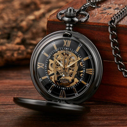 Retro Hand Wind Mechanical Pocket Watch With Fob Chains Men Hollow Skeleton Dial